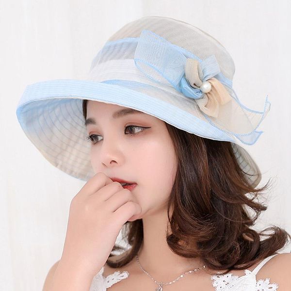 

fashion women flowers sun hat wide brim velvet beach hat elegant summer anti-uv caps, Blue;gray
