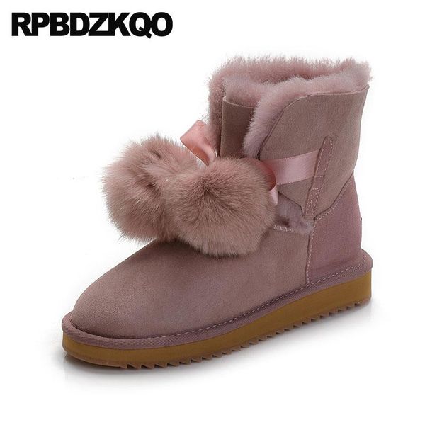

booties slip on australian winter snow boots women ankle pink new shoes furry pom poms sheepskin real fur flat, Black