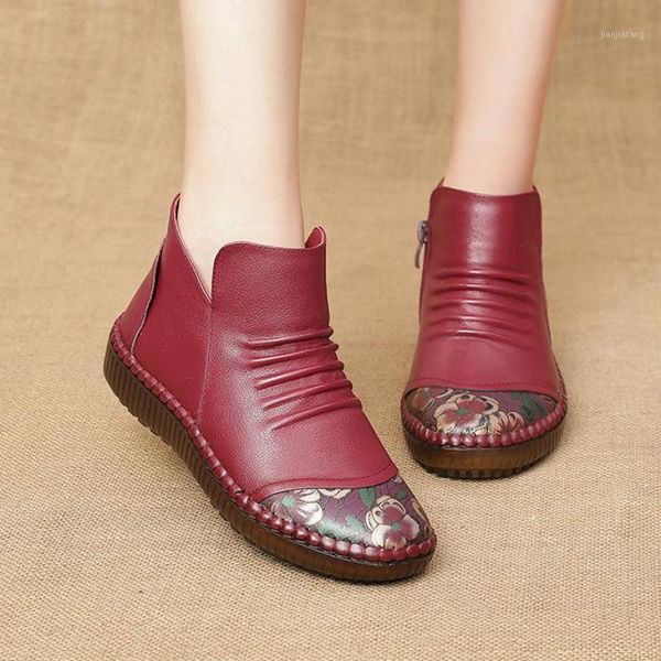 

johnature winter warm shoes women boots genuine leather zip round toe flat with handmade print sewing concise platform boots1, Black