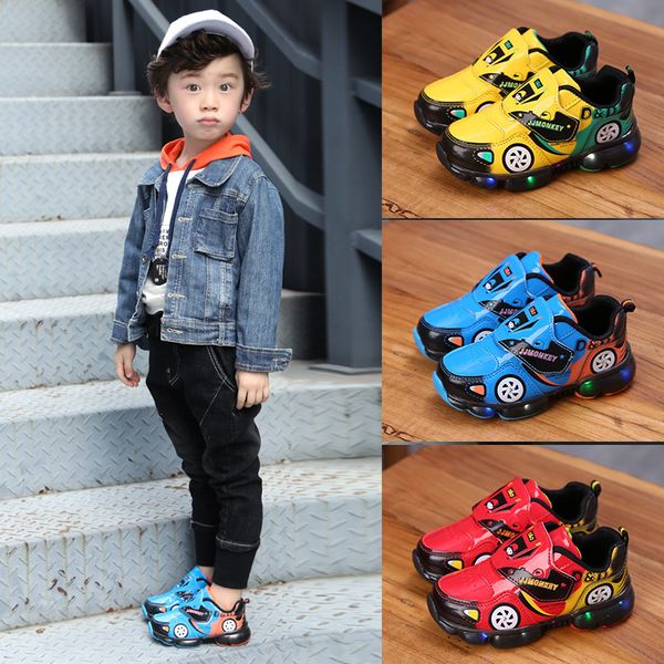 

davidyue led for boys girls leather car luminous children kids sport shoes glowing lighted baby sneakers, Black;red