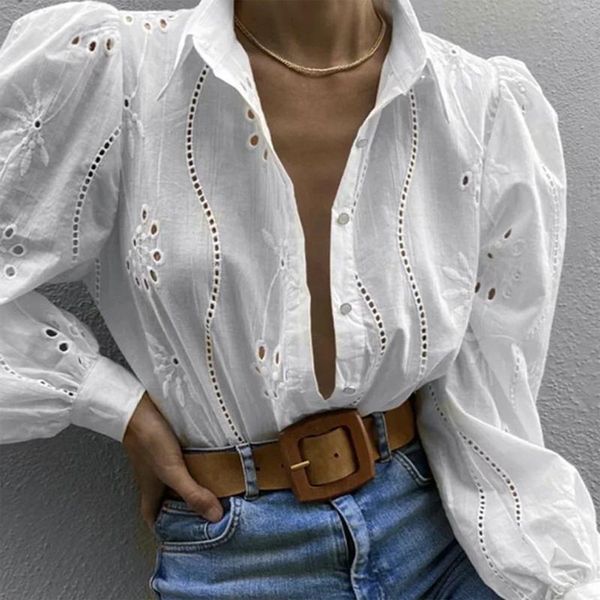 

women's blouses & shirts vintage embroidery hollow out white blouse women autumn winter elegant turn down collar lantern sleeve office