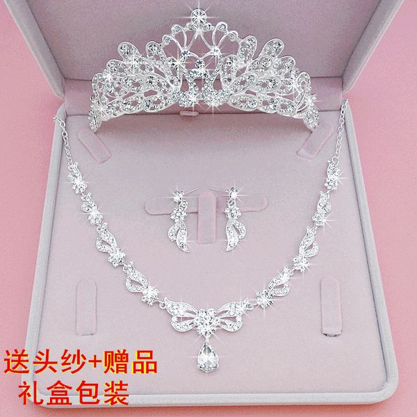 

2019 new bridal headwear three piece crown necklace set knot hair wedding accessories korean, Silver