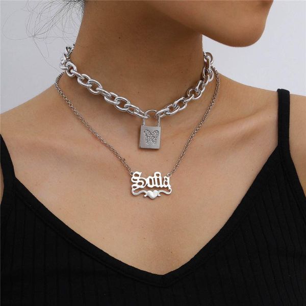 

rouck exaggeration letter butterfly lock pendant necklace for women girl thick chains charm necklaces party jewelry collares, Silver