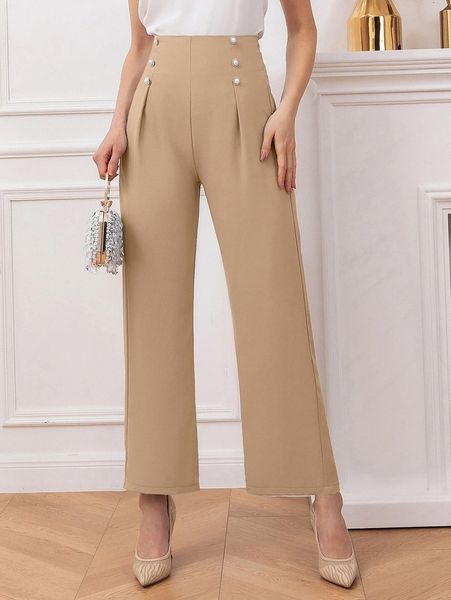 

high waist pearl button detail pants v2wb#, Black;white