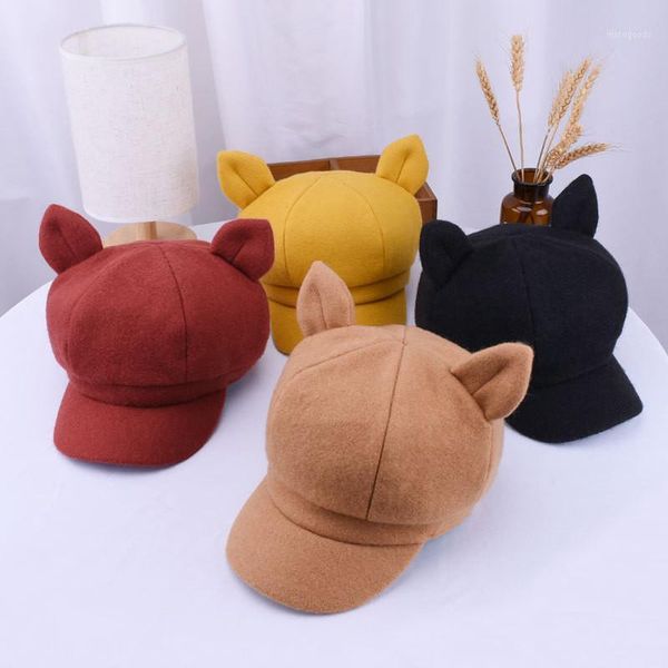 

stingy brim hats cartoon cat ear octagonal hatscasual berets hat gorra women boy cap solid color for flat autumn winter ladies caps1, Blue;gray