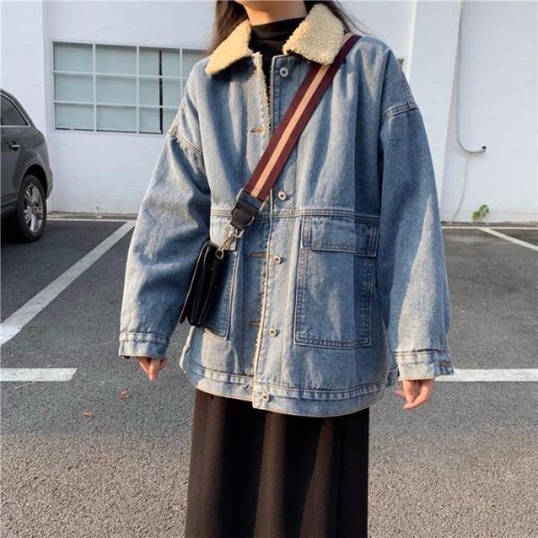 

timis li women denim jacket womens fashion casual jeans jacket warm denim coat fake lamb fur collar bomber coats outerwear, Black;brown