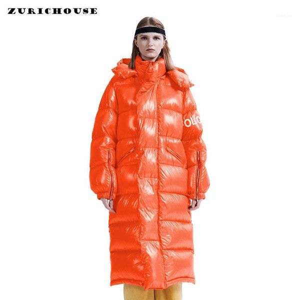 

zurichouse european winter down jacket women long luxury glossy hooded parka ladies super warm thicken 90% down coat1, Black