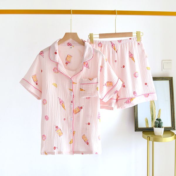 

ice cream printing pajama women summer 100% cotton pijama mujer two piece short set for women home clothes sweet homewear suit, Black;pink