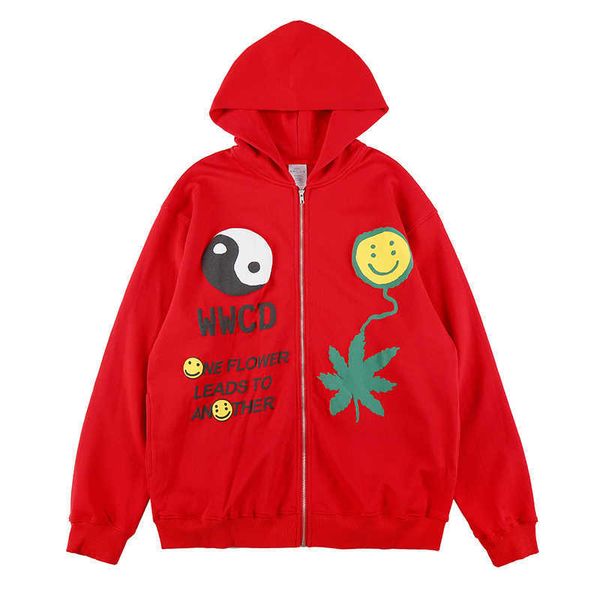 

men's outerwear cpfm. xyz feidong taiji smiling face foam printed zipper cardigan coat gaojiechao brand loose hooded sweater, Black;brown