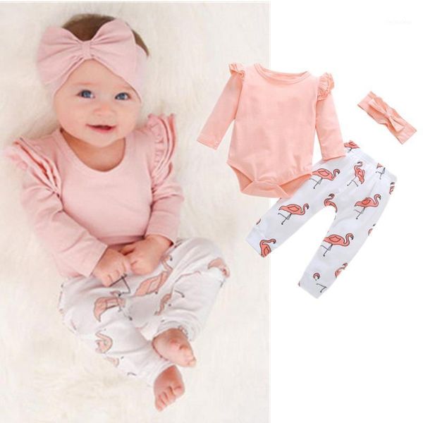 

clothing sets baby girl fall clothes born pink puff sleeve bodysuit flamingooutfit pants headband 3 pieces set clothing1, White