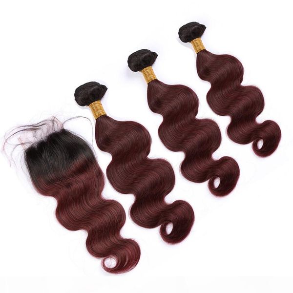 

#1b 99j wine red ombre body wave brazilian virgin hair bundles with closure ombre burgundy wavy human hair lace closure 4x4 with weaves, Black;brown