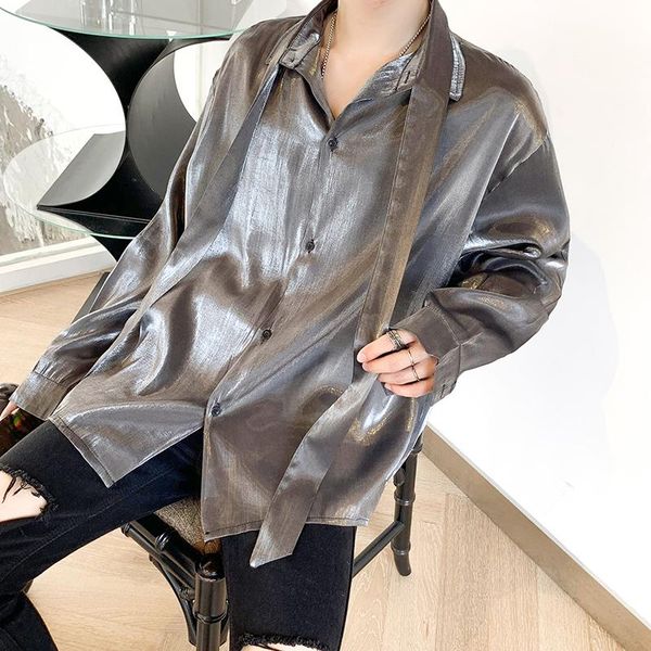

men's dress shirts vintage fashion shiny mercerized long-sleeved shirt male korean loose nightclub stage show cardigan plus size, White;black