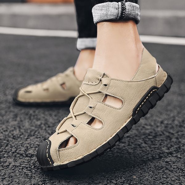 

summer shoes men genuine leather classic sandals shoes men romen comfort slipper beach walking shoes outdoor sneakers men t200420, Black