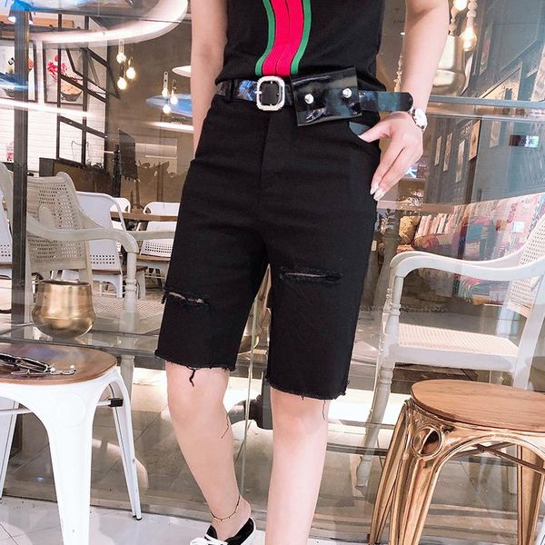 

men's shorts five-point washed holes black denim pants, White;black