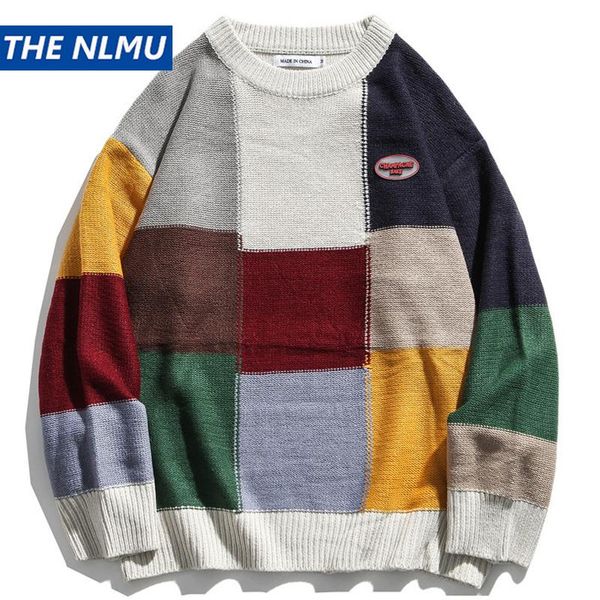 

winter color block patchwork knitted sweaters streetwear men women hip hop casual harajuku pullover knitwear outwear wy372, White;black