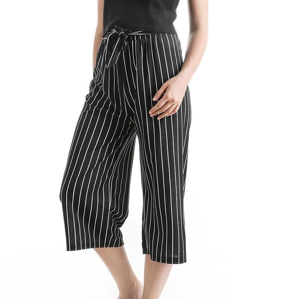 

polka dot striped wide leg pants female 2019 summer new high waist sashes elastic ankle length pants casual, Black;white