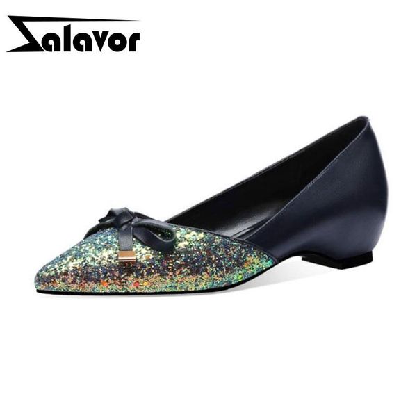 

dress shoes zalavor women pumps genuine leather office ladies bling pointed toe bowtie casual footwear size 33-40, Black