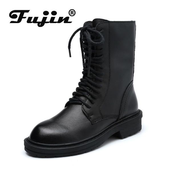 

fujin short boots women's 2020 autumn winter cross tied new fashion breathable flat bottom causal lace up round toe ankle boots, Black