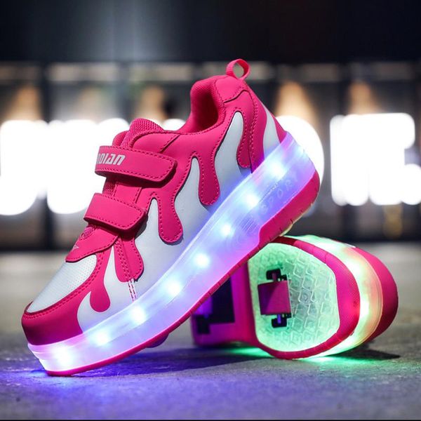 

usb charging children sneakers with on double wheels girls boys led shoes kids sneakers with wheels roller skate tennis shoes, Black