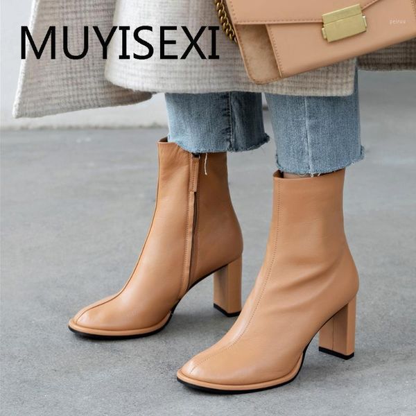 

boots round toe full genuine leather streetwear dating 7cm igh heels ankle autumn for women gn10 muyisexi1, Black