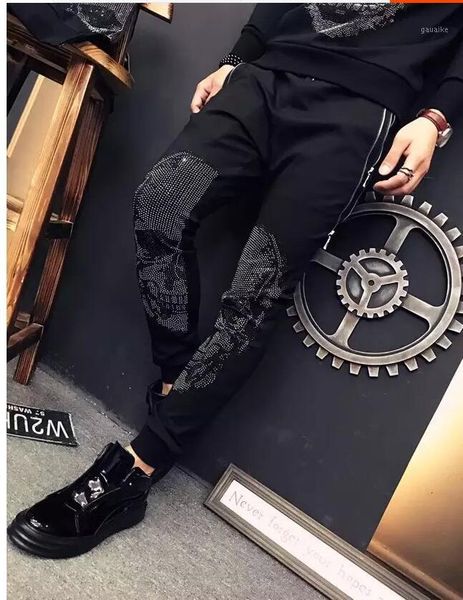 

spring drilling skull men's casual pants men's dark thin feet, Black