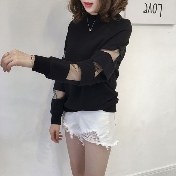 

tx2w4 pullover pullover sleeve large size women's clothing 2020 new student korean style mesh hollow 8e casual long sweater upper 8e7tm, Black