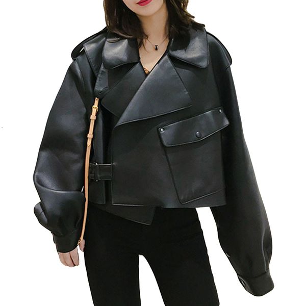 

women faux leather jacket soft loose vintage biker coat short pockets motor pu black jacket autumn street leather coat