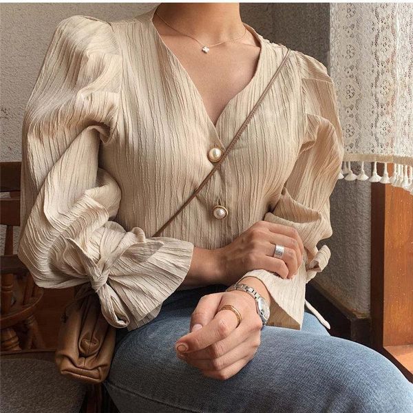 

korean 2020 retro elegance casual sweet solid pearls chic fresh loose vintage all match women shirts, White