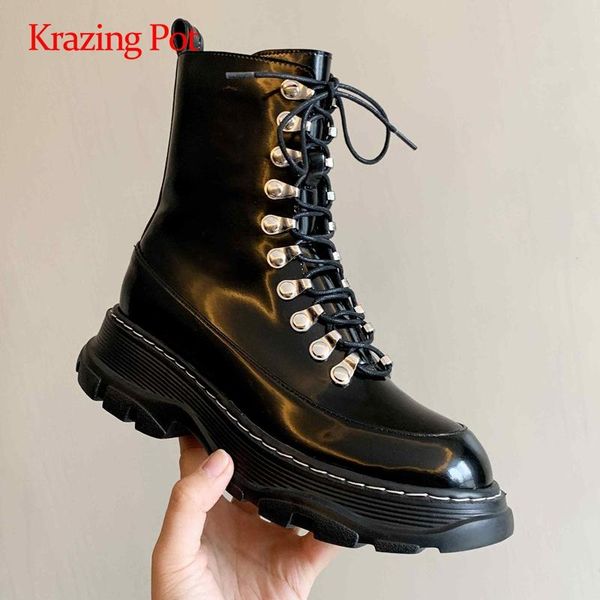 

krazing pot motorcycle boots real leather mixed colors platform round toe thick high heel zipper coolest star ankle boots l23, Black