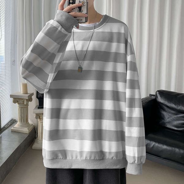 

casual large stripe sports new men's loose crew neck long sleeve sweater, Gray