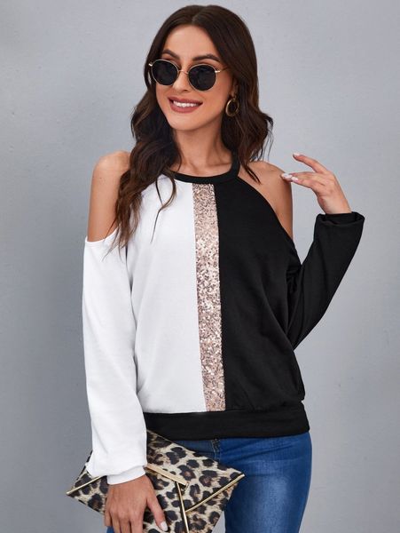 

colorblock graphic cold shoulder contrast sequin sweatshirt y16m#, White;black