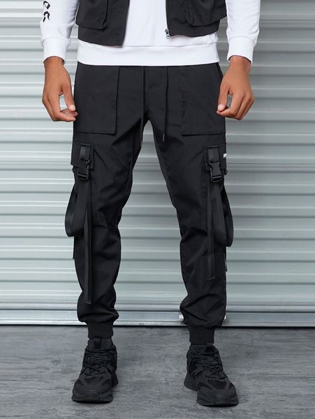 

men flap pocket buckle cargo pants y7fo#, Black