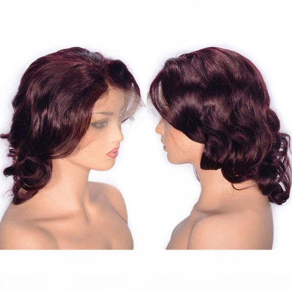 

mongolian human hair wavy lace front wig 99j burgundy lace wig 12 inch middle part short wigs with straps, Black;brown