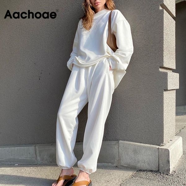 

aachoae casual solid 2 piece set women batwing long sleeve pullover sweatshirt elastic waist full length straight pants set lady lj201120, White