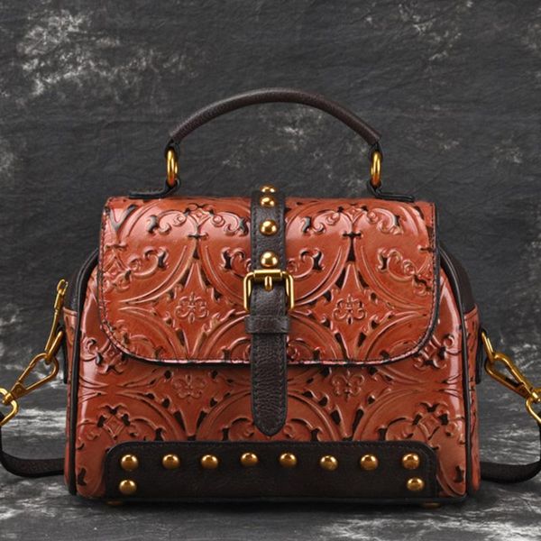 

women real cowhide handbag cross body bags embossed retro shoulder messenger genuine leather tote bag