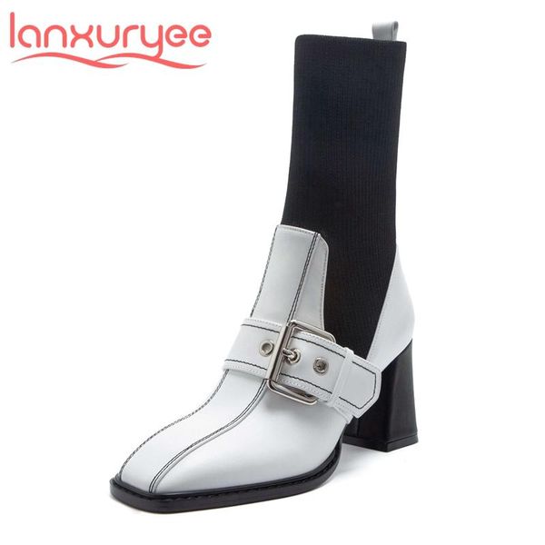 

boots lanxuryee real leather square toe high heel stretch buckle decoration korean street pretty girls dating mid-calf l37, Black