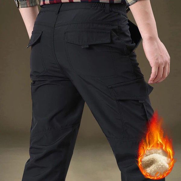 

men's pants multi pocket cargo men plus velvet work breathable army casual loose thick fleece tactical trousers, Black