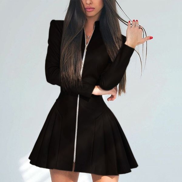 

2021 new women's autumn zipper pleated pu leather solid color long sleeve slim fit mini skirt fashion nightclub party m6j3, Black;gray