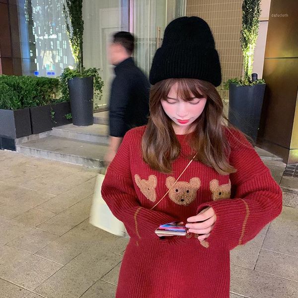 

2020 autumn winter all-match female o-neck long sleeve korean sweater loose lazy wind warm red bear pattern pullover sweater1, White;black