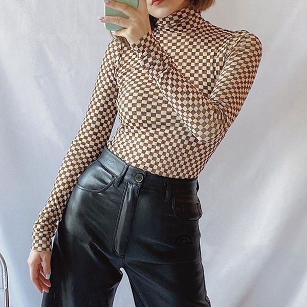 

turtleneck women plaid t-shirt 2020 early autumn long casual slim lady bottoming tee, White