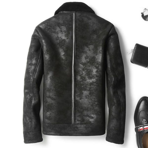 

autumn winter genuine jacket real wool fur coat for men sheepskin leather jackets chaqueta cuero hombre t-73-88021, Black