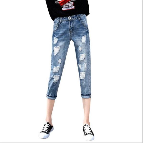 

fashion streetwear holes women denim calf-length pants 2021 spring summer women harem pants loose light blue jeansq194