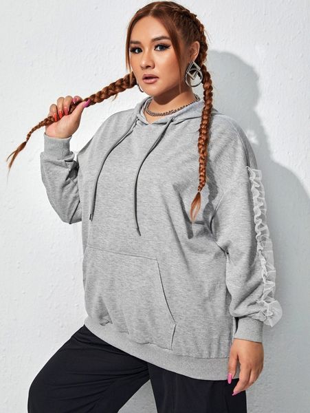 

plus solid mesh detail drawstring detail sweatshirt p2kw#, Black