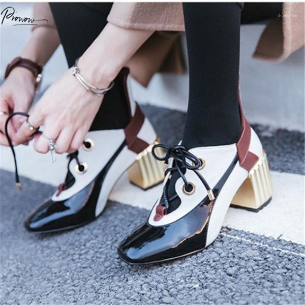 

dress shoes prowow fashion spring autumn genuine leather women pumps square toe lace up chunky high heel ladies casual woman1, Black