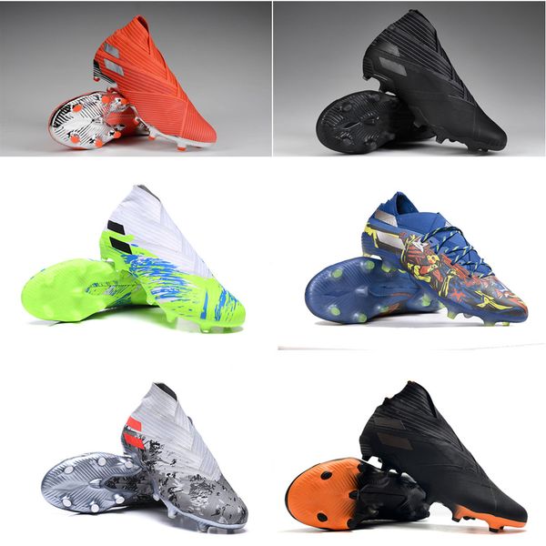 

laceless messi nemeziz 19+ fg mens junior football boots active red chrome waterproof shoes soccer cleats firm ground high top