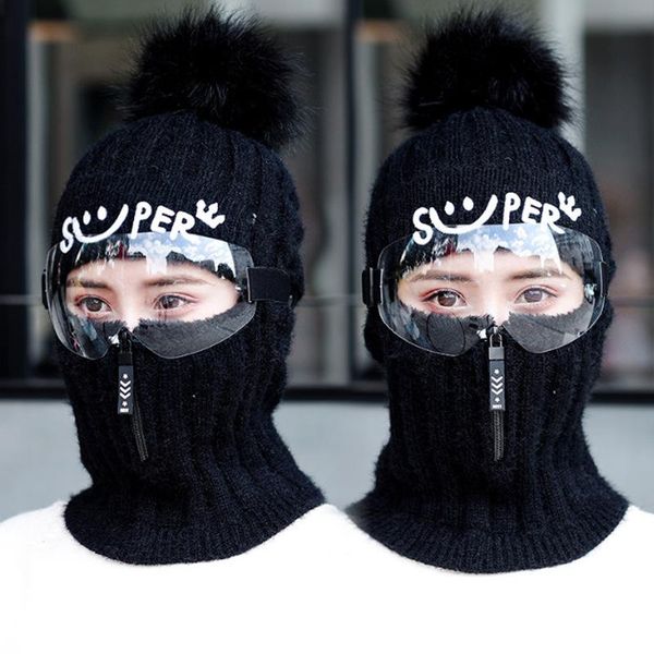 

women knitting hat cap beanie scarf with goggle warm for winter outdoor cycling@88