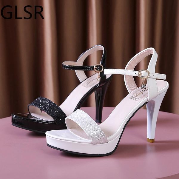 

women black glitter sandals high heels platform ankle strap summer gladiator shoes woman party wedding pumps 2021