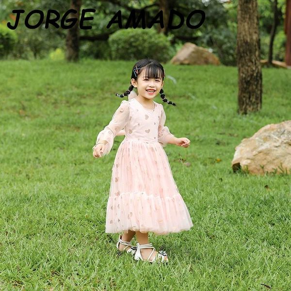 

2021 new children summer dress girl loving heart bow dress girl gauze long sleeve princess dress ad011, Red;yellow