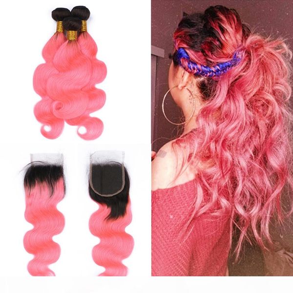 

two color body wave hair weft extensions with closure 4x4 ombre 1b pink virgin hair 3bundles with lace closure with baby hair, Black