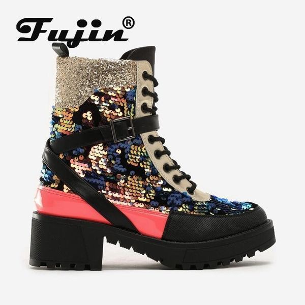 

boots fujin winter 2021 platform square heel shoes bling ankle for women autumn lace up booties casual1, Black